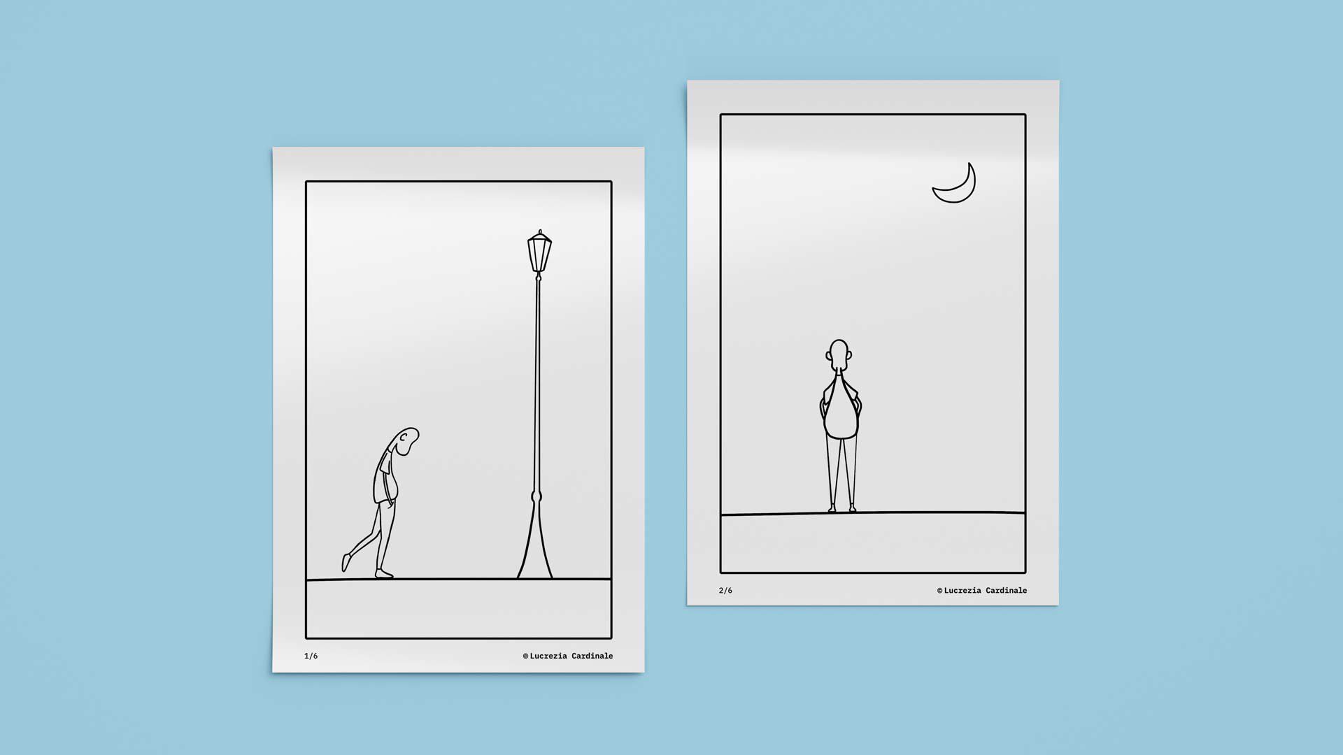 Mockup di due illustrazioni realizzate in digitale su fondo azzurro; la prima raffigura una persona che cammina e la seconda la stessa persona di spalle con la luna.